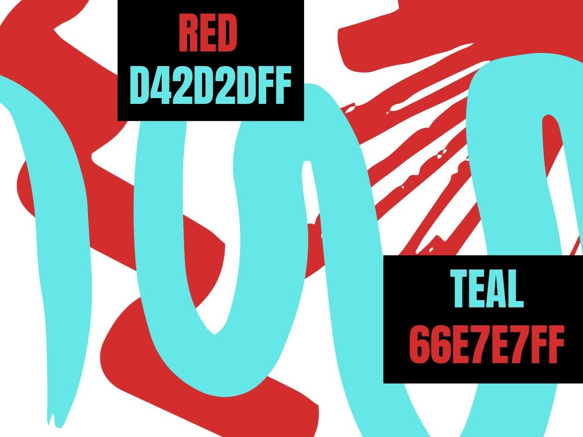 Combinación de colores Trazos de rojo (D42D2DFF) y verde azulado (66E7E7FF)