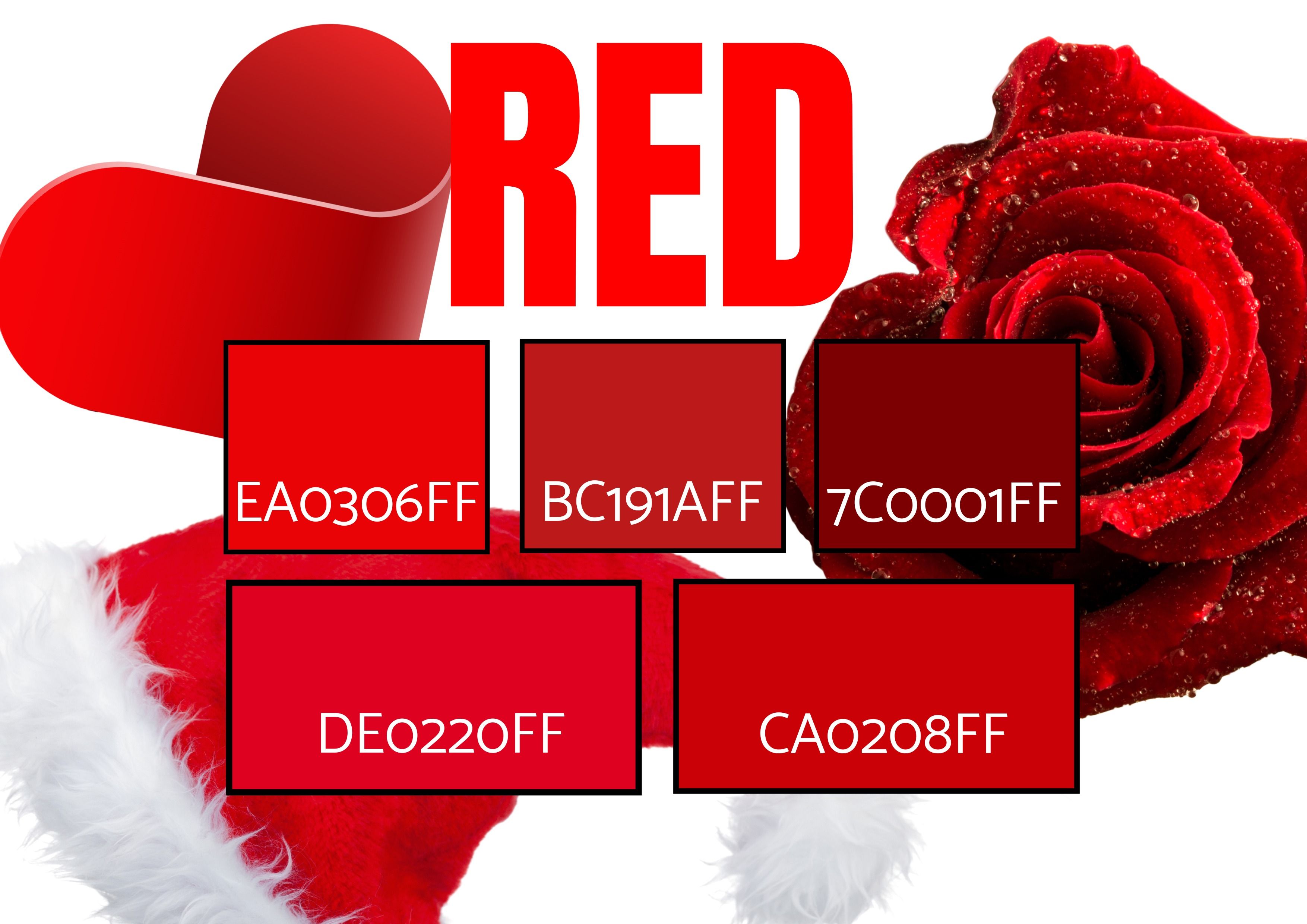 Auswahl von 5 Rottönen mit Bildern eines Herzsymbols, einer Rose und einer Weihnachtsmütze – Symbolik