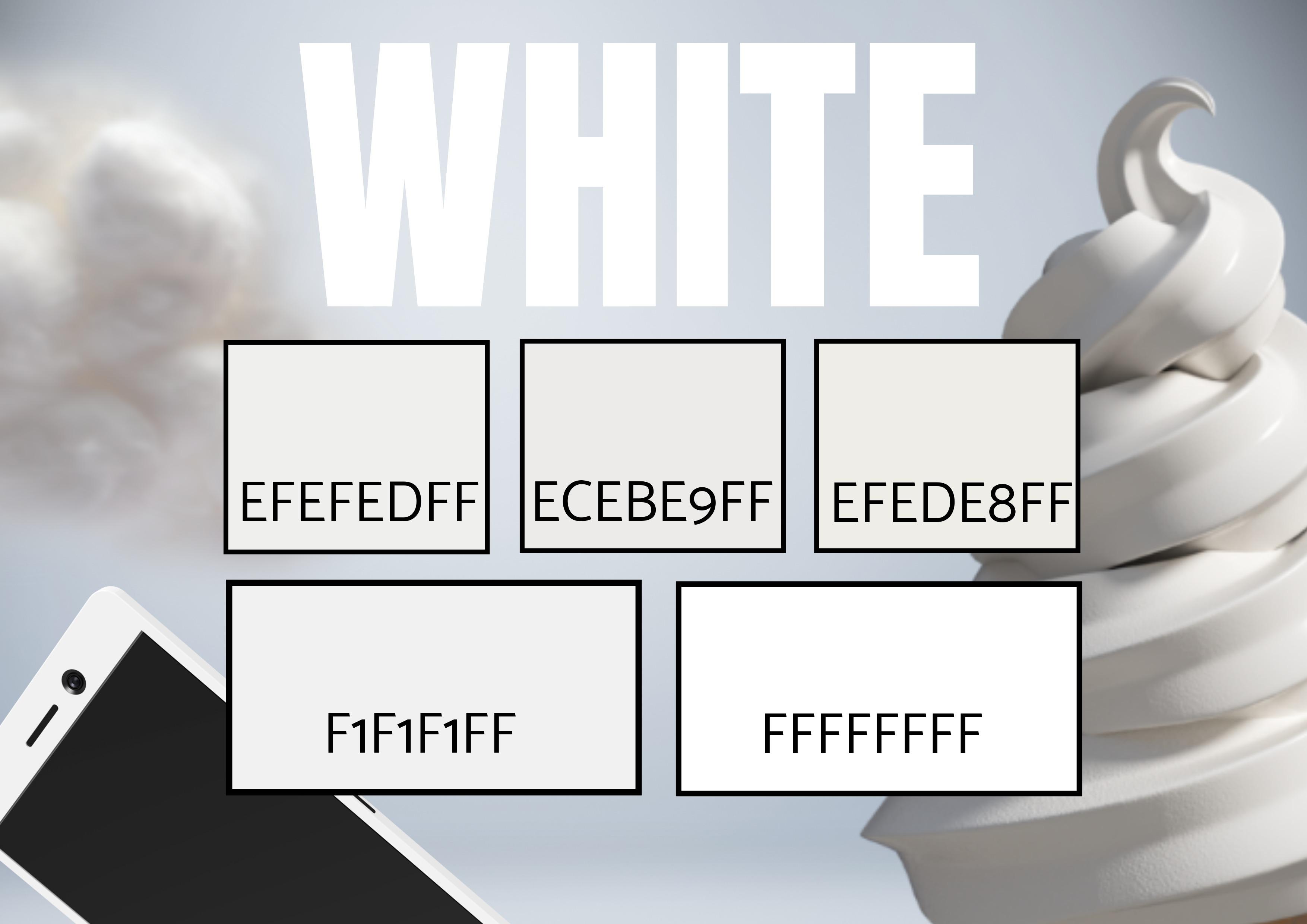 Auswahl von 5 Weißtönen mit Bildern einer Wolke, Eiscreme und einem Telefonsymbol