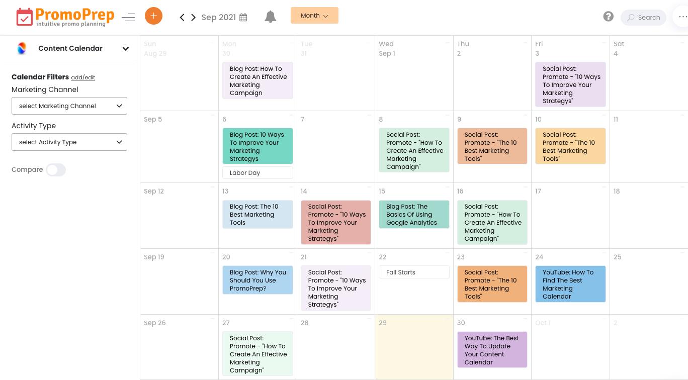 Calendario de contenido de preparación de promociones