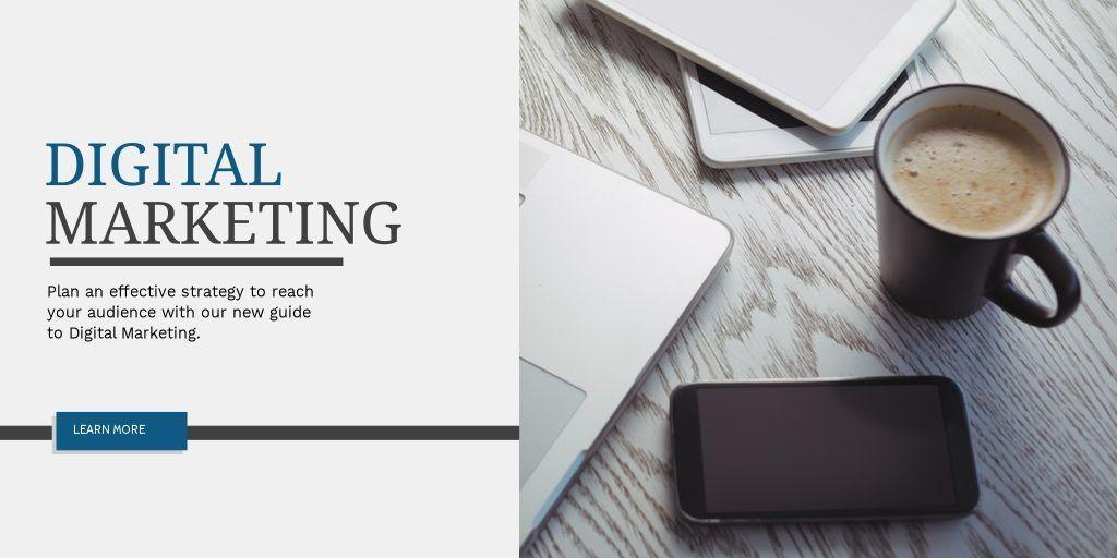 Marketing campaign with text information and an image of a desk with a laptop, phone, tablets and coffee - Reliable creative marketing strategies for your business that actually work - Image