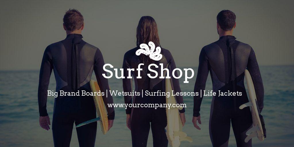 Anúncio de marketing da Surf Shop com detalhes do produto e uma imagem de fundo de surfistas