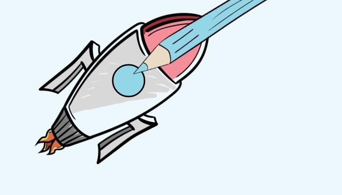 Gráfico de un cohete y un lápiz azul.