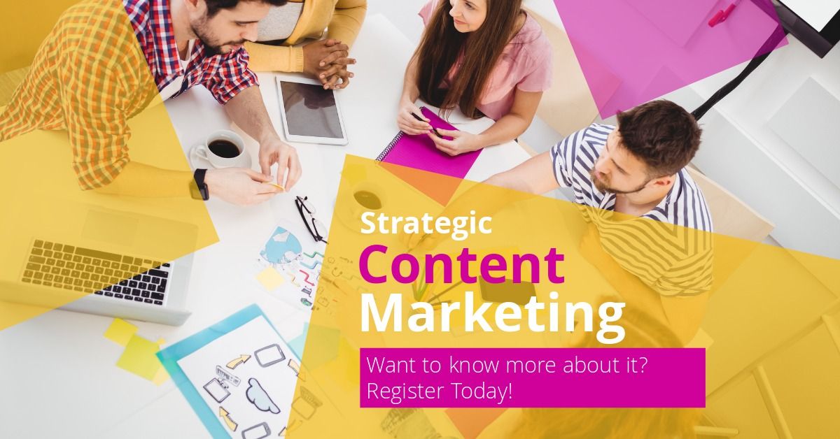 Anúncio gráfico de marketing de conteúdo estratégico com uma imagem de pessoas trabalhando juntas em um projeto em segundo plano e um código de chamada para ação