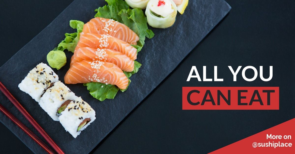 Anúncio gráfico de um restaurante de sushi &quot;à vontade&quot; com a imagem de um prato de sushi