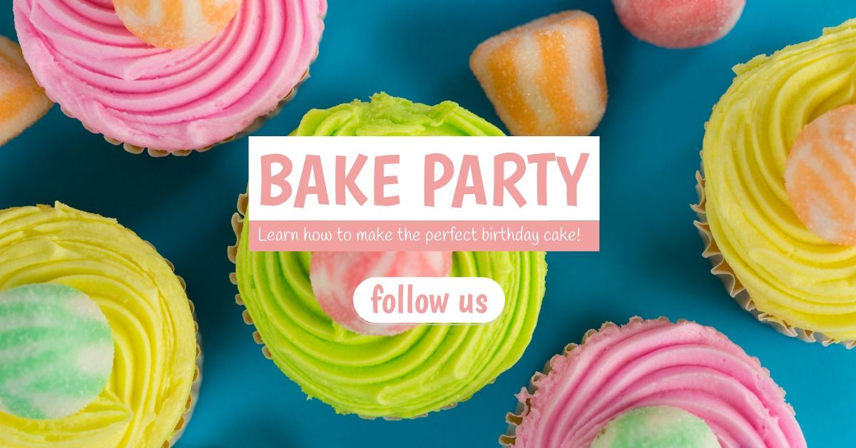 Anúncio gráfico para uma festa com cupcakes coloridos ao fundo