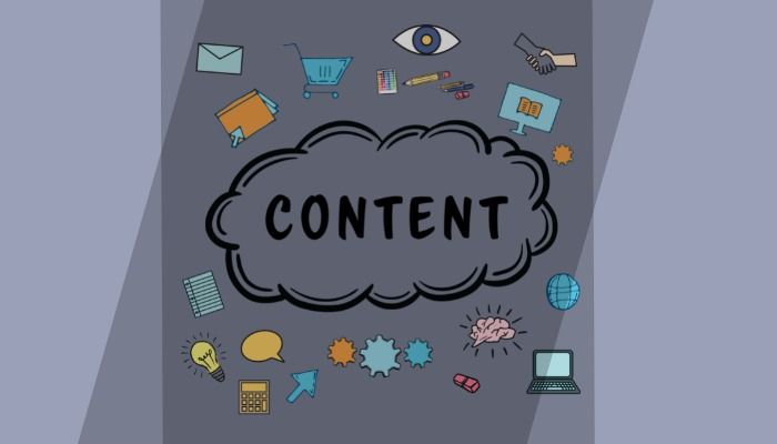 Illustration of a cloud with Content written in the middle surrounded by various colorful icons on a grey background - The best marketing strategies and techniques for small businesses in 2023 - Image