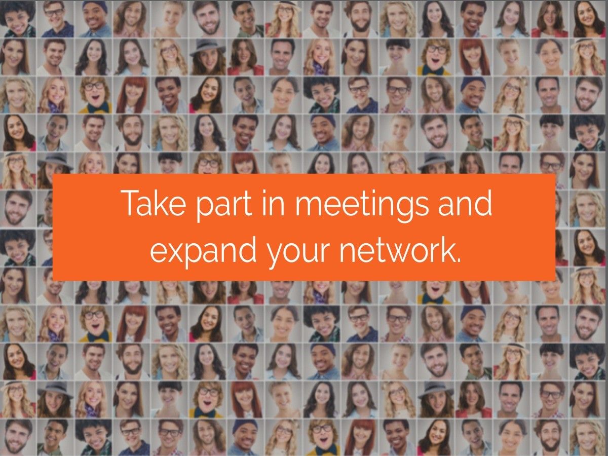 Orange banner on a background of profile pictures with text saying Take part in meetings and expand your network - The best marketing strategies and techniques for small businesses in 2023 - Image
