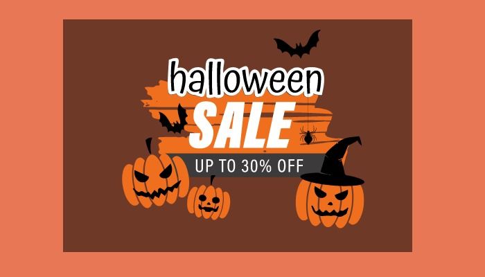Illustrationen von Kürbissen, Fledermäusen und einer Spinne rund um den Text Halloween Sale – bis zu 30 % Rabatt
