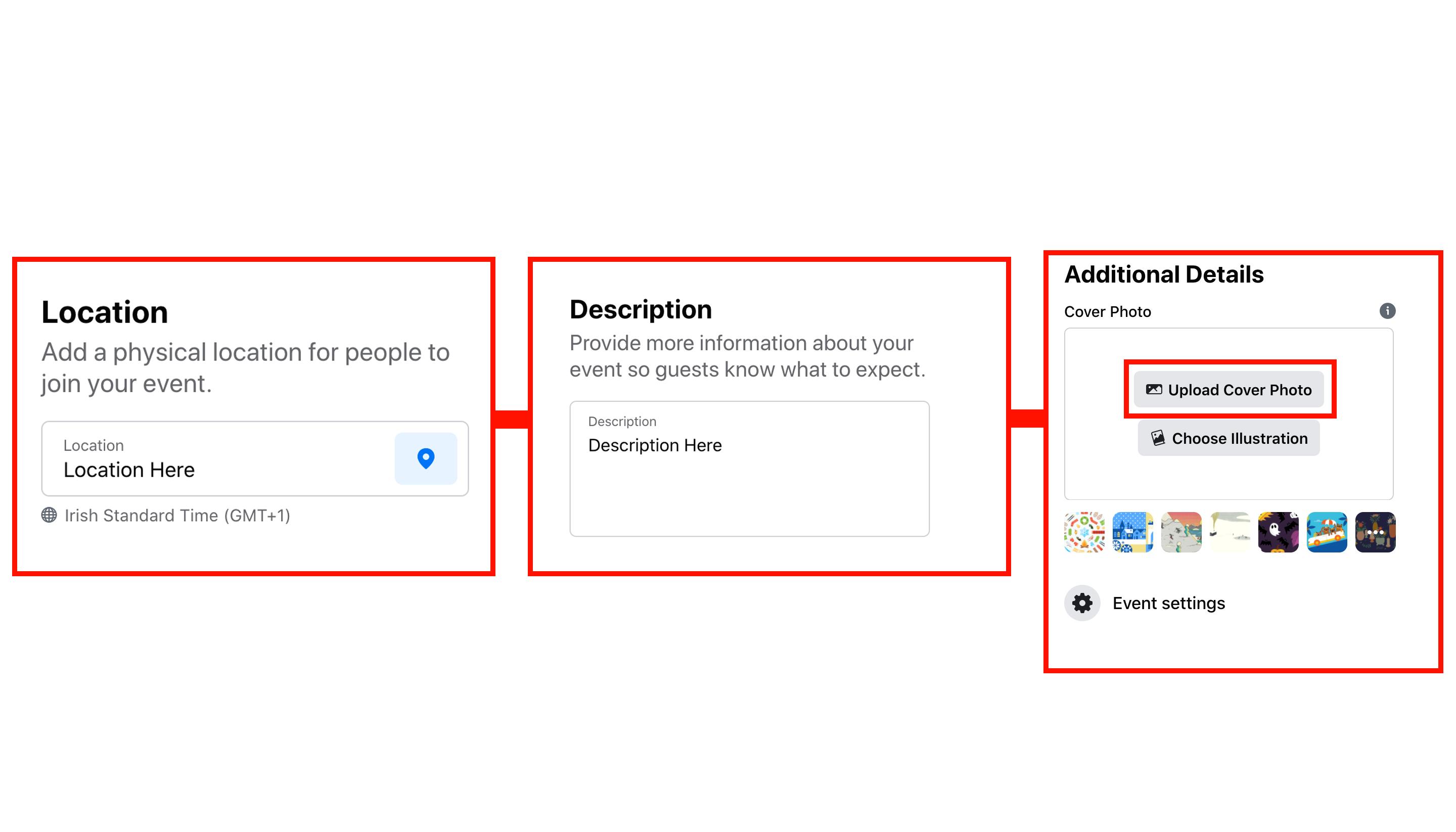 Combinação de três capturas de tela com informações adicionais para adicionar ao seu evento - localização, descrição e imagem da capa do evento