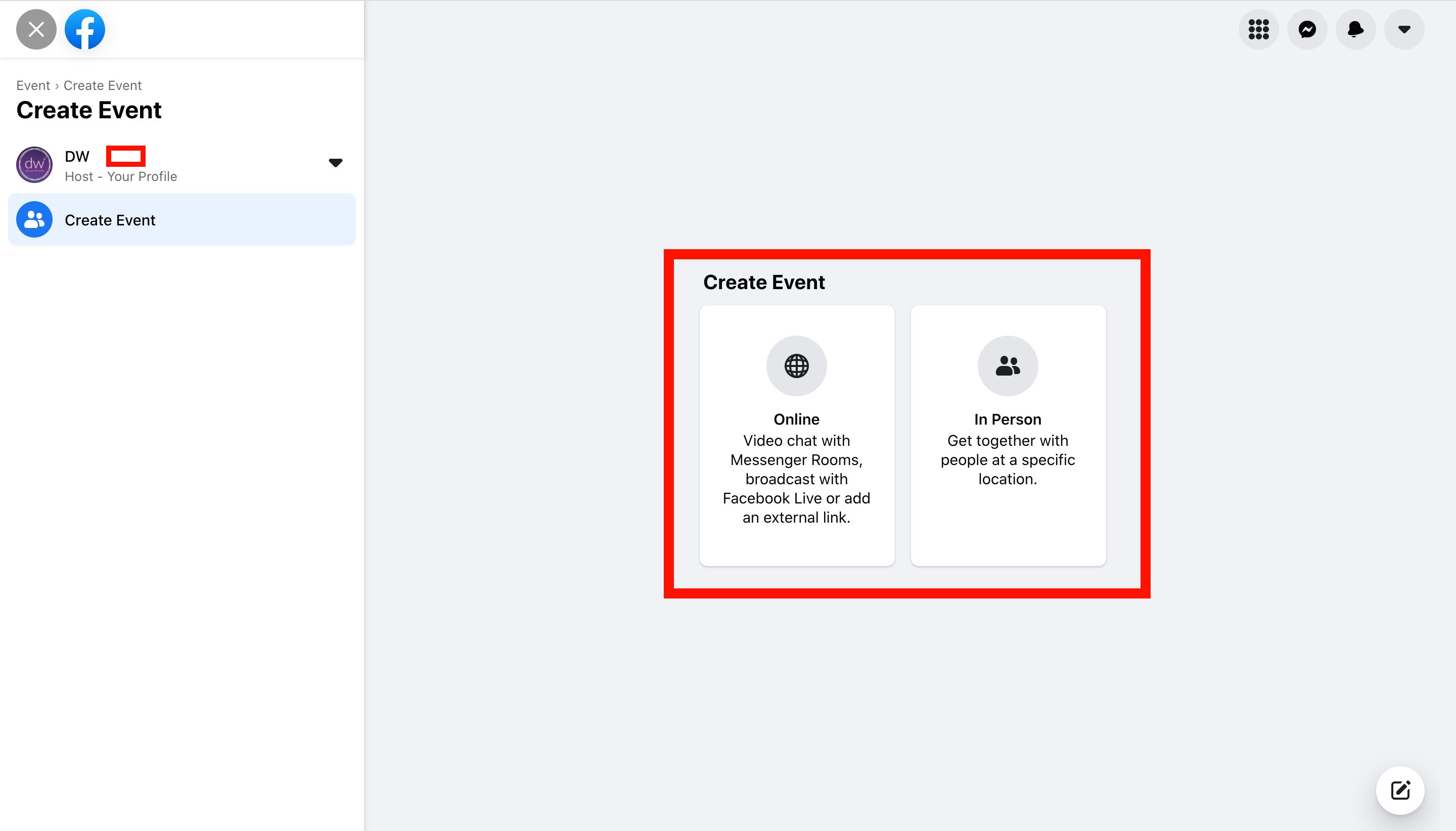 Captura de pantalla de las opciones de eventos en línea y en persona