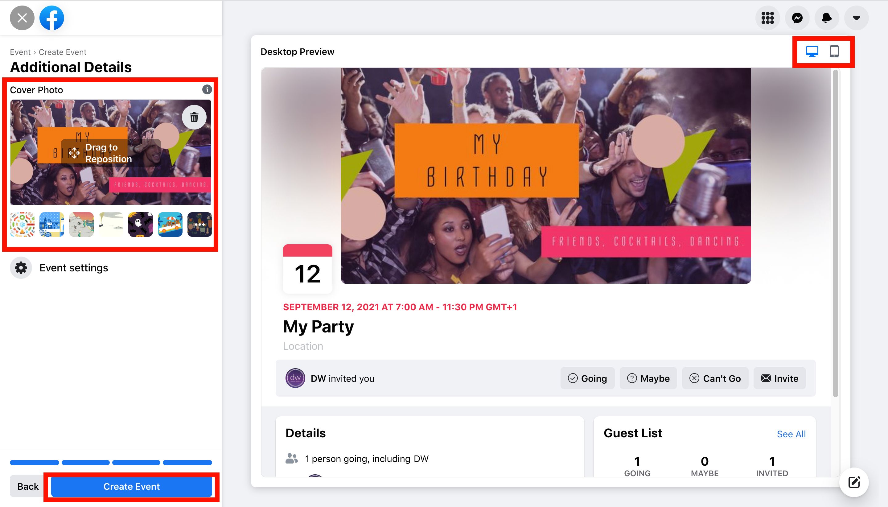 Captura de pantalla del evento de la fiesta con texto editado y foto de portada cargada. Botón &#39;Crear evento&#39; resaltado con un cuadro rojo