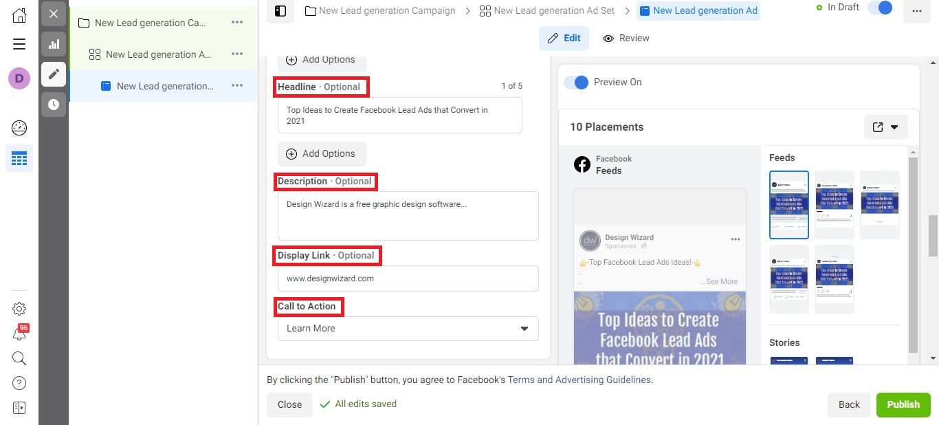Screenshot of add headline, description, display link, and call to action - How to choose the right Facebook event photo size, best practices - Image