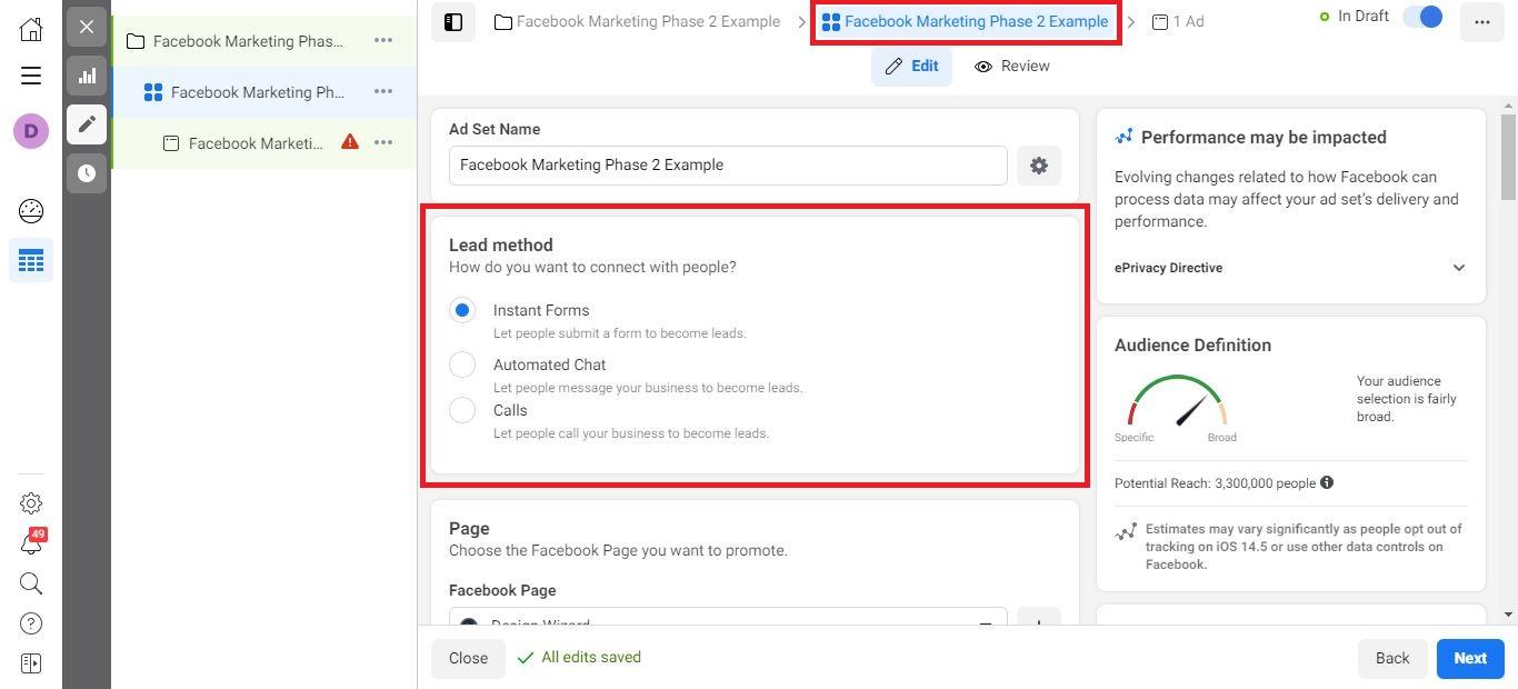 Etapa 1 dos anúncios de leads do Facebook