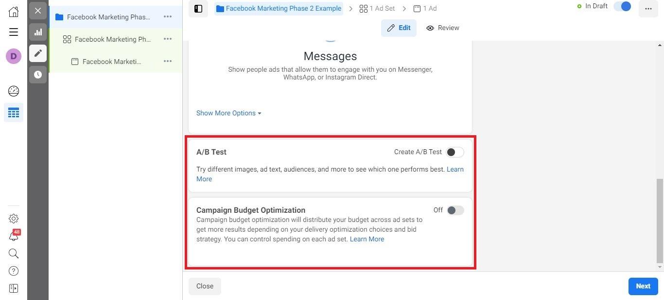 Anúncios do Facebook Messenger passo 1 parte 2