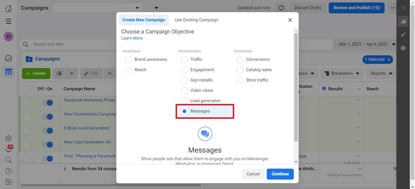 Anúncios do Facebook Messenger passo 1