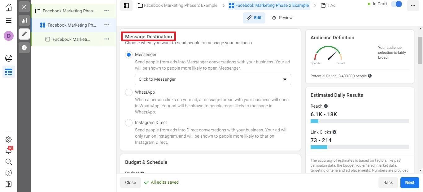 Anúncios do Facebook Messenger passo 2