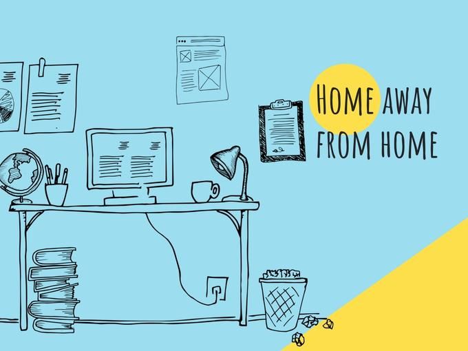 A hand-drawn illustration of a workplace on a blue background and a caption Home away from home - Amazing Facebook post ideas for businesses - Image