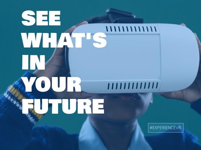 Quote: See What's in Your Future with a person using a VR headset in the background - Amazing Facebook post ideas for businesses - Image