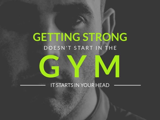 Inspirational quote: Getting Strong Doesn't Start In The Gym It Starts In Your Head, with a black-and-white picture of a man in the background - Amazing Facebook post ideas for businesses - Image