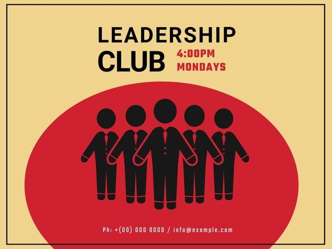 Leadership club ad featuring 5 characters in costumes on the red background - Amazing Facebook post ideas for businesses - Image
