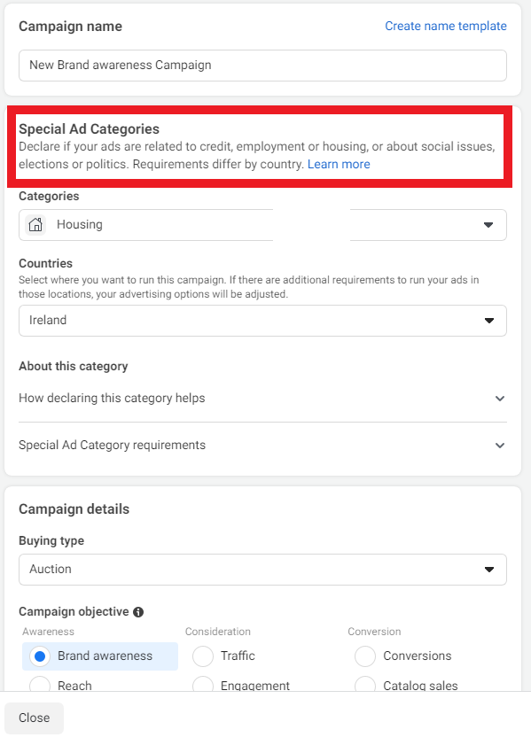 Choose a campaign name and Special Ad Categories - Step-by-step guide on how to create outstanding Facebook video ads using Design Wizard - Image
