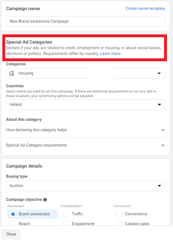 Choisissez un nom de campagne et des catégories d&#39;annonces spéciales - Comment créer des publicités vidéo Facebook - Image