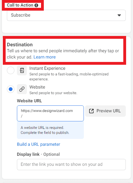 Step 6 Select a Call to Action and Destination - Step-by-step guide on how to create outstanding Facebook video ads using Design Wizard - Image