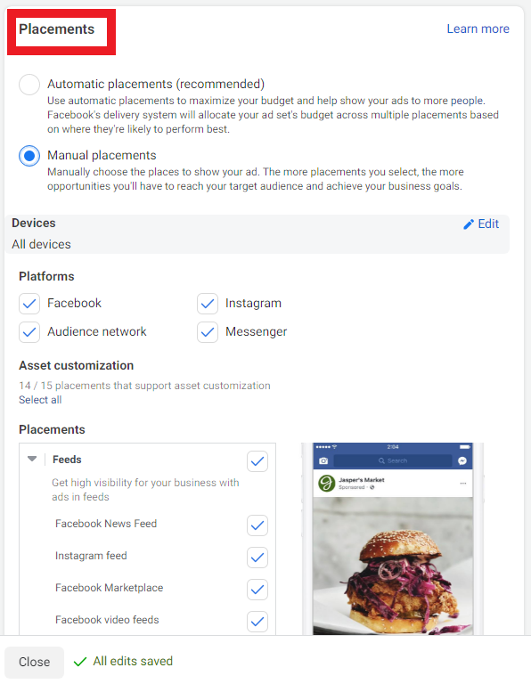 Step 4: Choose Your Ad Placements - Step-by-step guide on how to create outstanding Facebook video ads using Design Wizard - Image