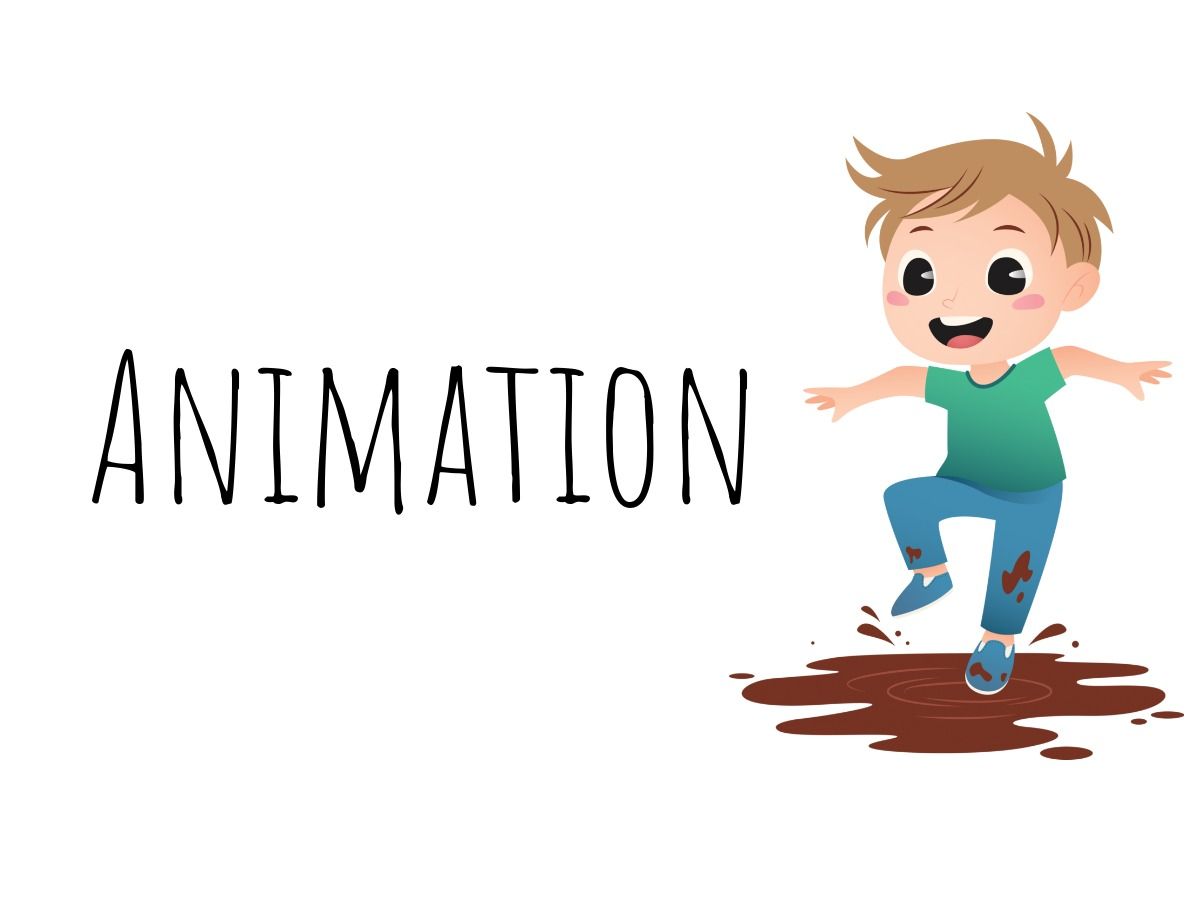 Niño animado saltando en un charco de barro marrón con texto: Animación
