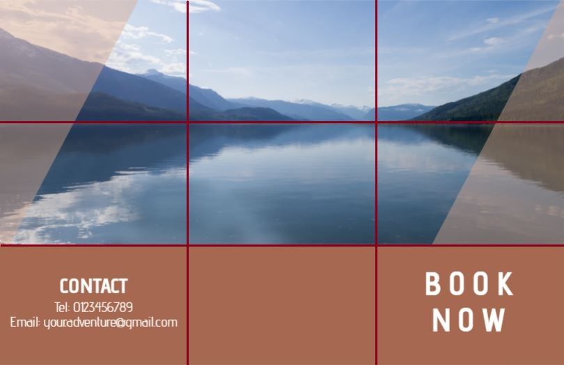 Flyer für ein Reisebüro mit einem Bild eines Sees und Bergen und Kontaktinformationen unten mit einem 3x3-Raster