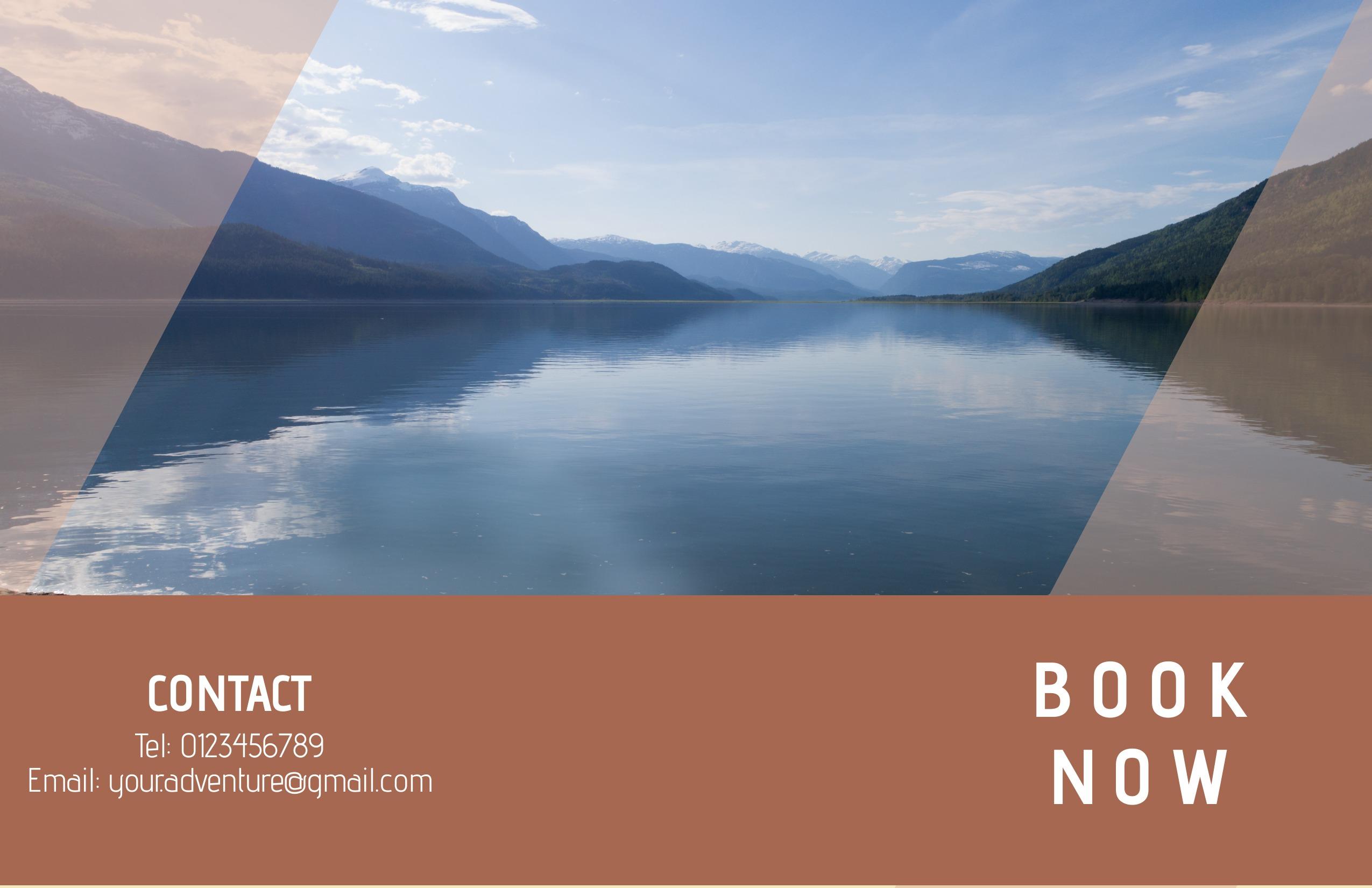 Dépliant pour une agence de voyage avec une image d&#39;un lac et des montagnes et les coordonnées en bas