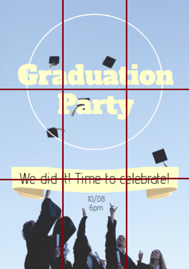 Graduation party flyer with a baby blue background and students throwing their hats in the air with a 3x3 grid