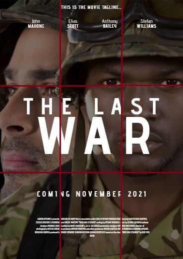 Filmplakat mit dem Titel „Der letzte Krieg“ im 3x3-Raster