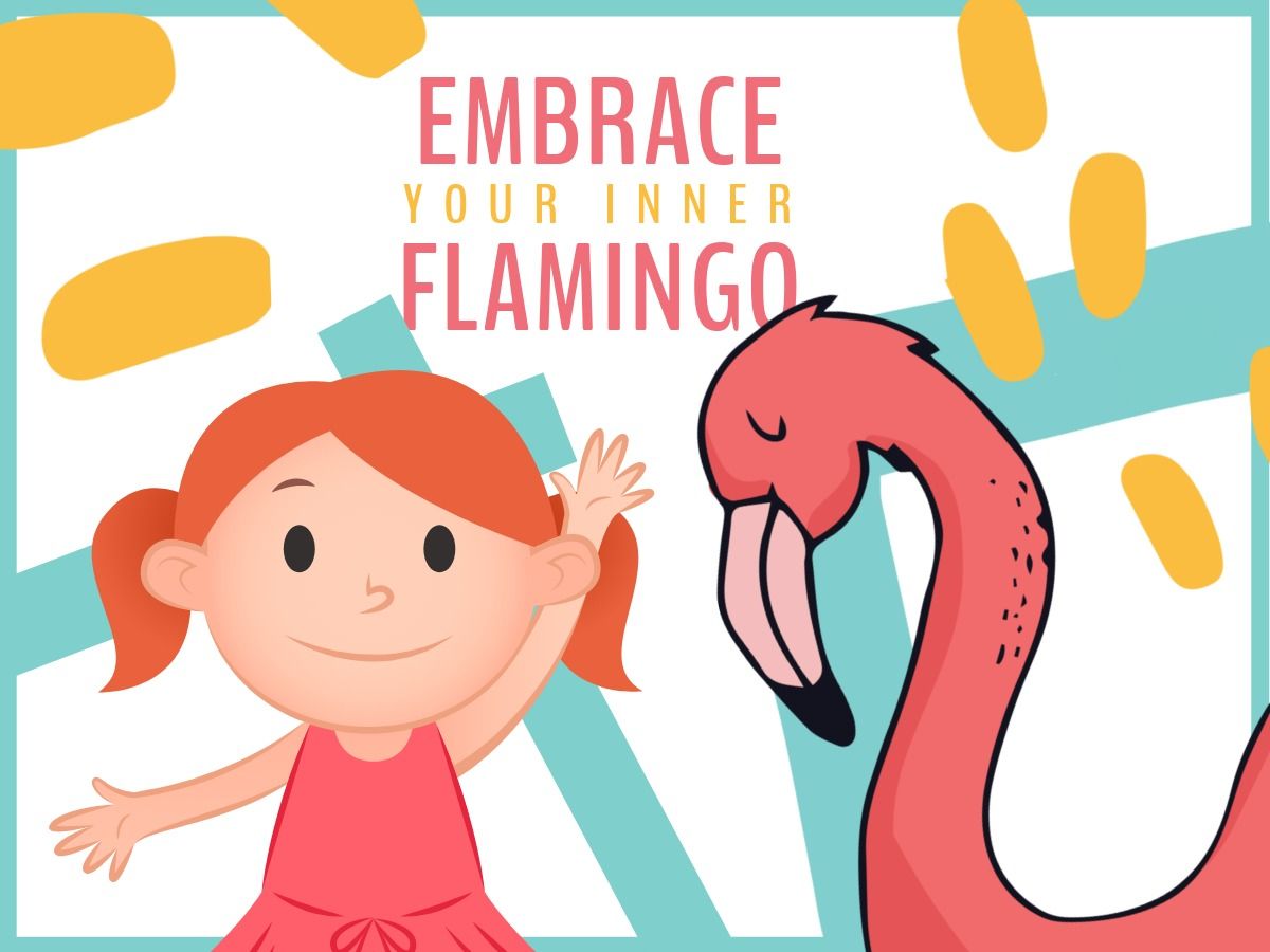Criança e flamingo em fundo colorido
