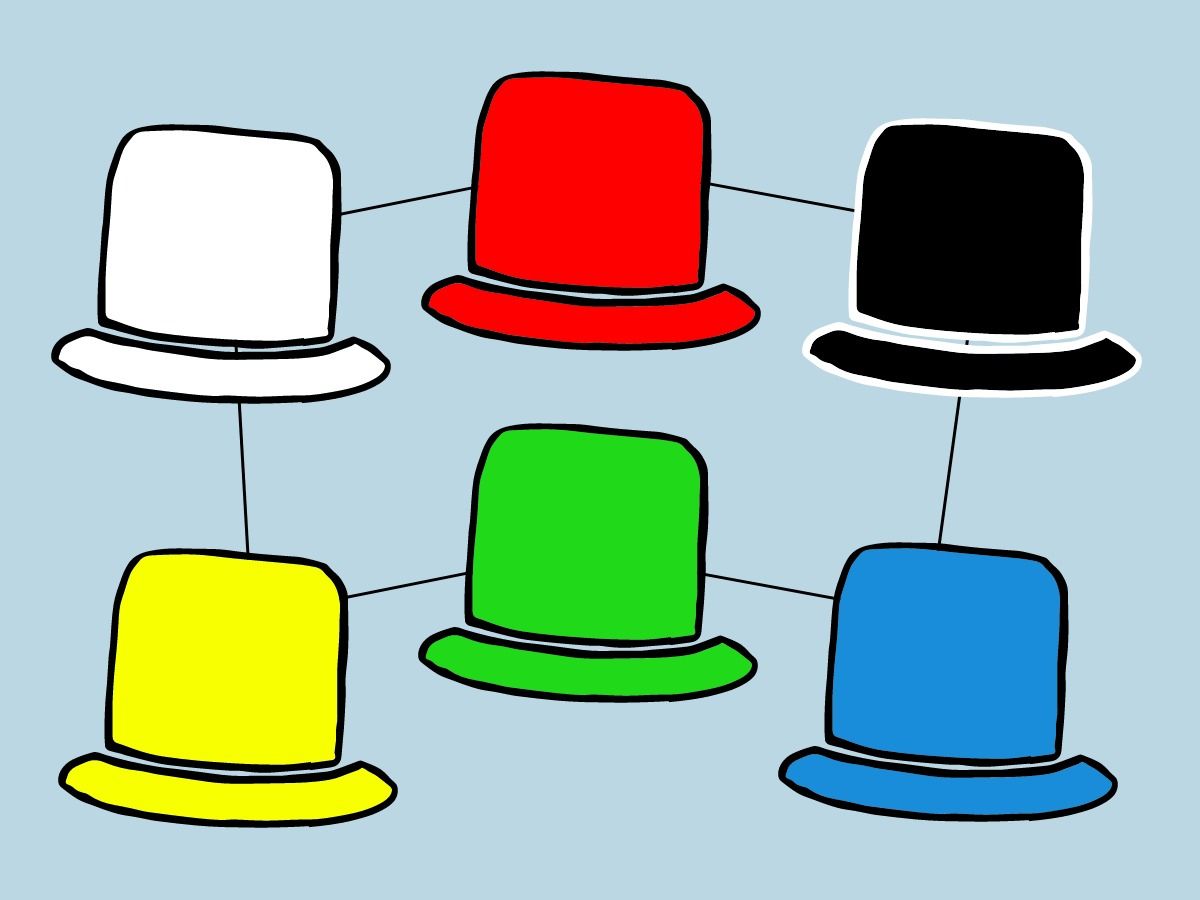 Sechs bunte Hüte, die durch Linien verbunden sind