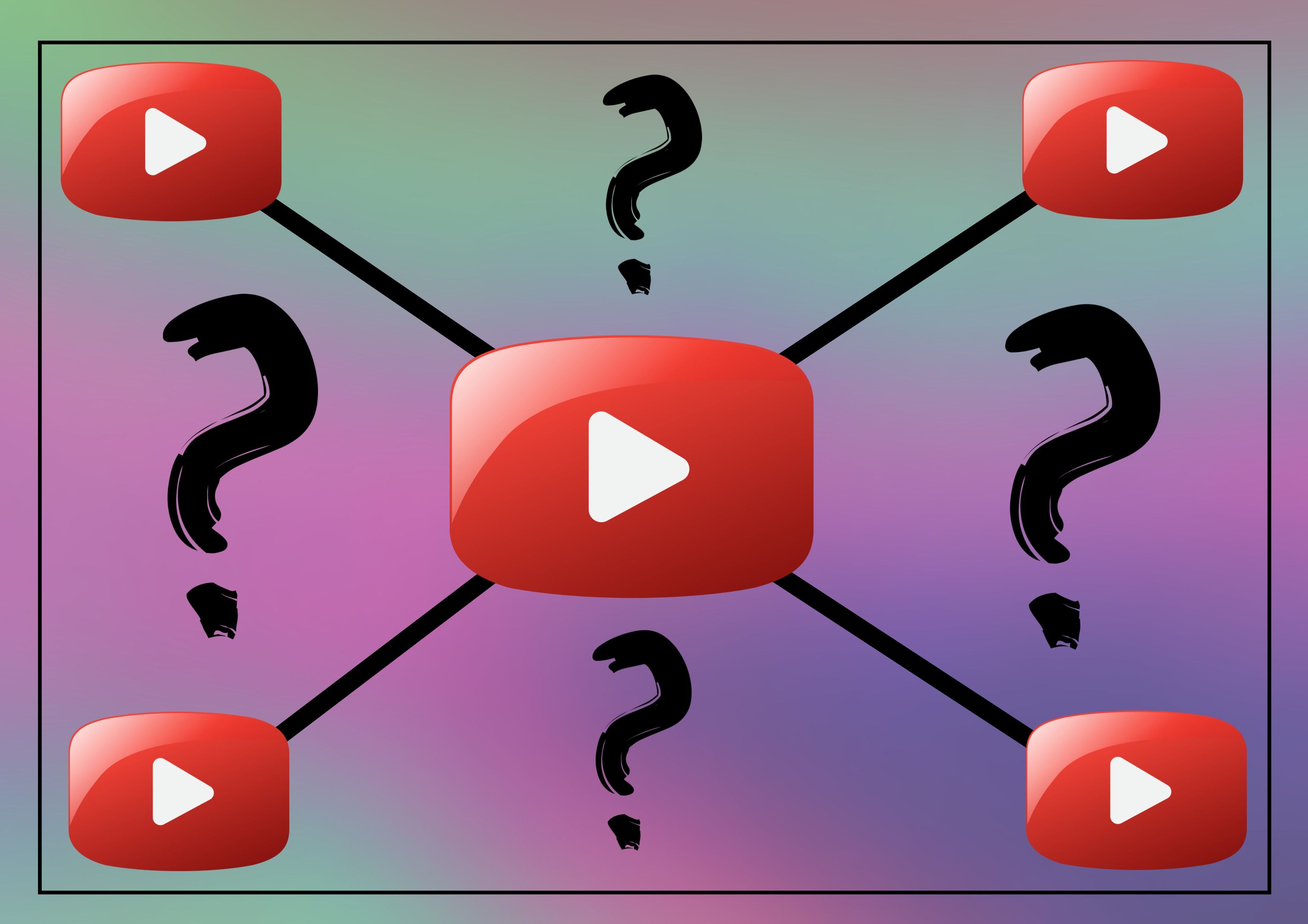 Colorida imagen &quot;Qué es una lista de reproducción de YouTube&quot; con 5 botones de reproducción de video rojos y 4 iconos de signo de interrogación