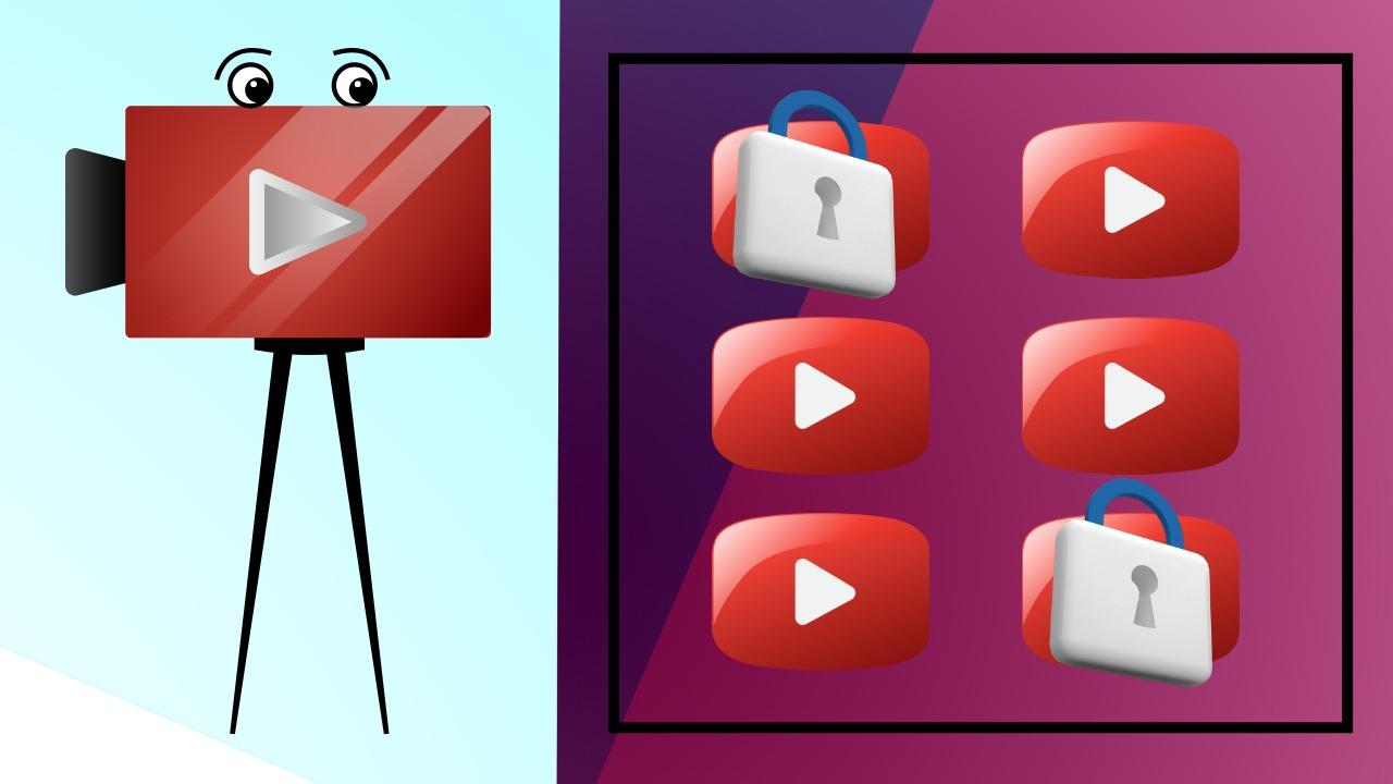 Stehendes Video-Symbol auf der linken Seite mit 6 Play-Button-Symbolen auf der rechten Seite mit Symbolen für die Privatsphäre-Sperre darauf