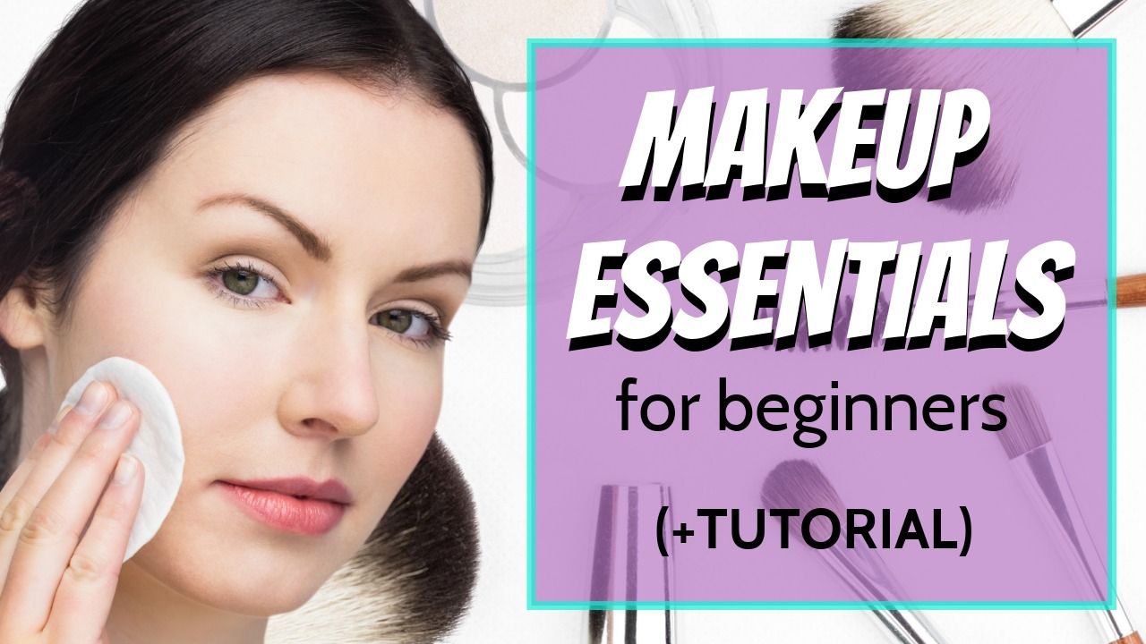 Miniatura de YouTube de maquillaje para principiantes con imágenes de una mujer a la izquierda y elementos básicos de maquillaje en el fondo