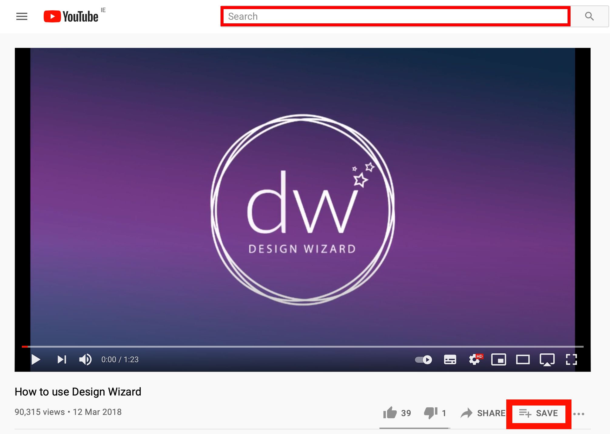 YouTube video page with Search bar and Save button highlighted in red - A guide to creating well-structured YouTube playlists: A step-by-step beginners guide - Image