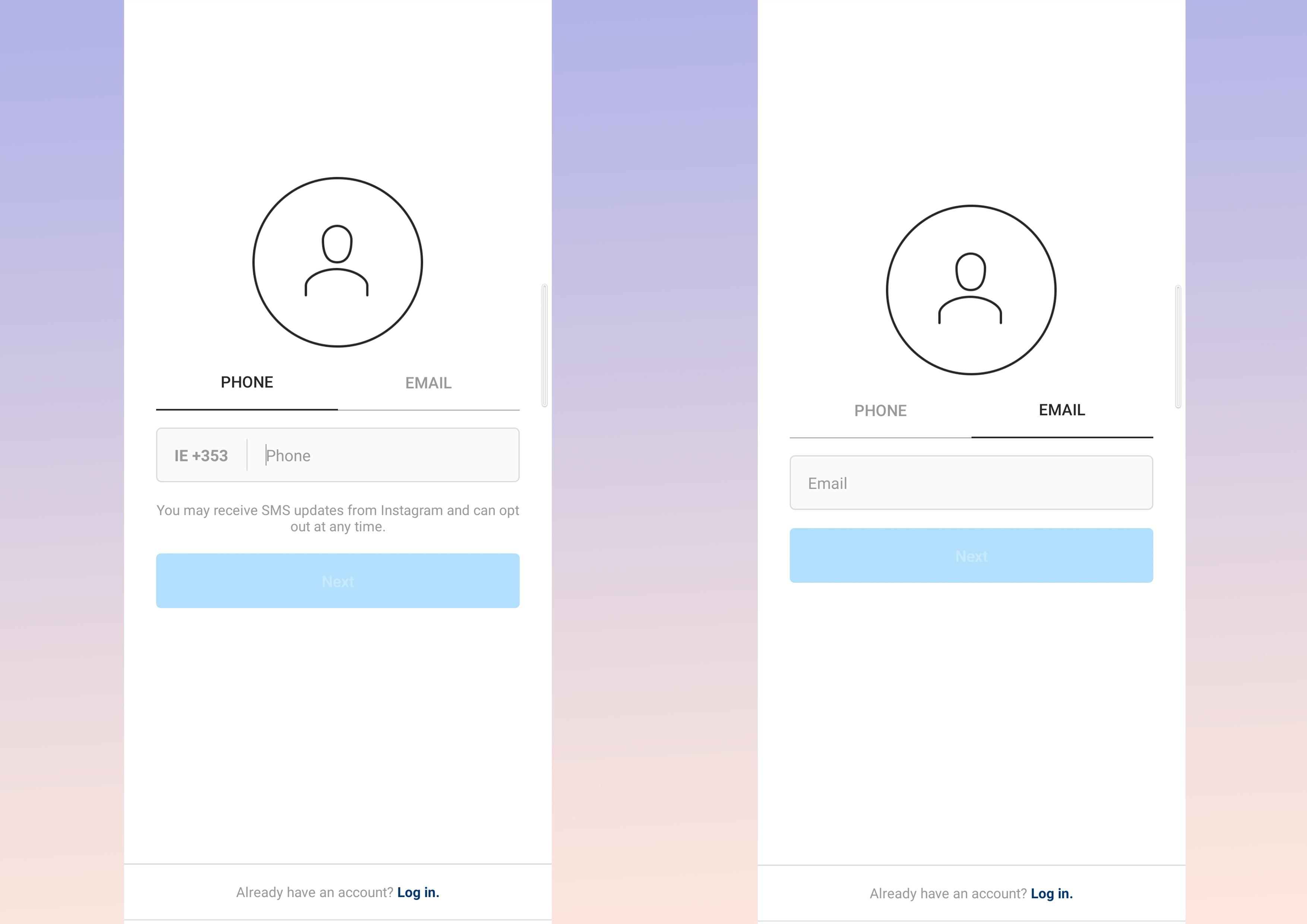 Capturas de pantalla de la creación de su cuenta de Instagram con número de teléfono o correo electrónico