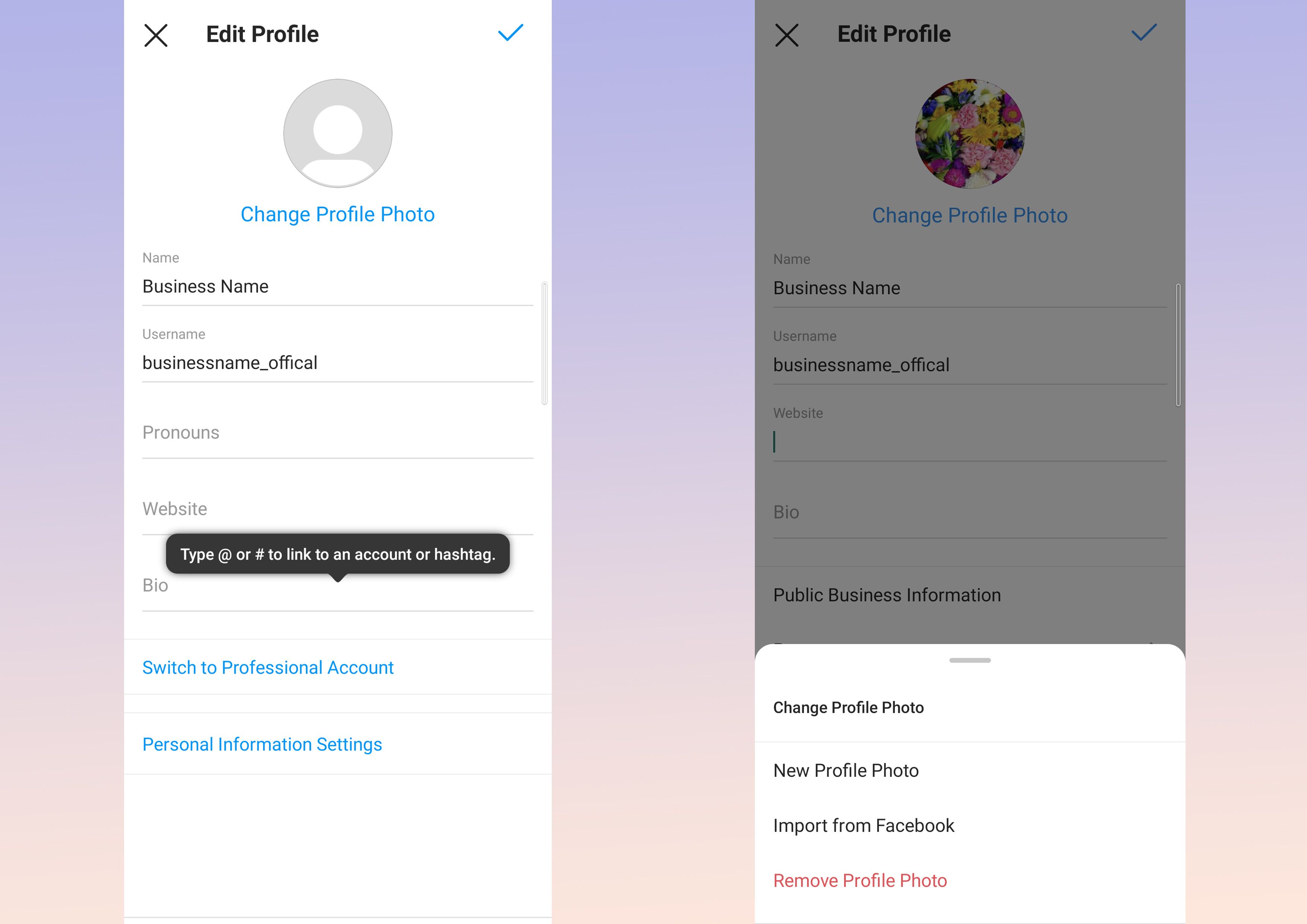Screenshots of setting up your instagram profile - How to use Instagram for business: Account creation and best practices - Image