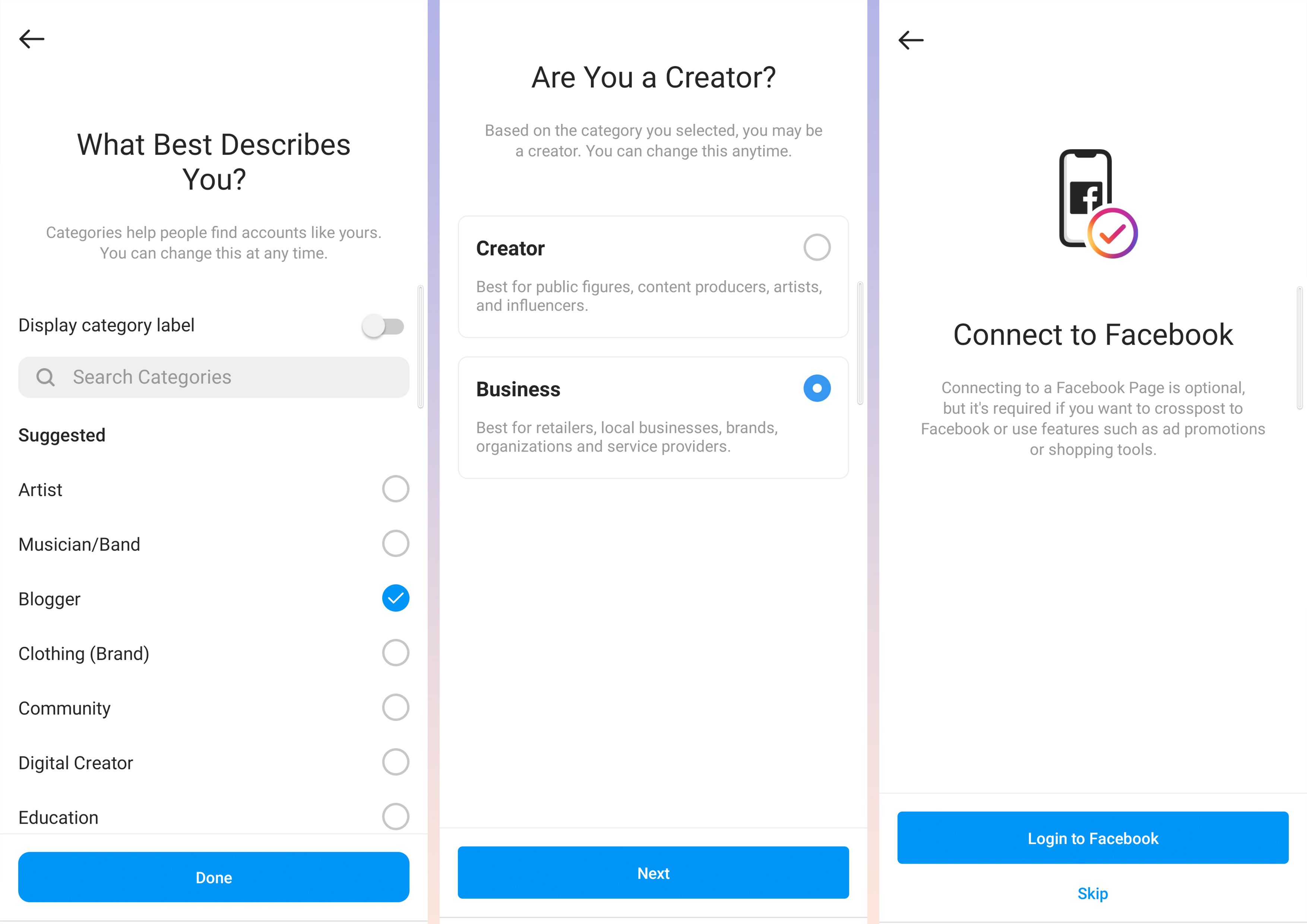 Screenshots of the steps need to set up you Instagram professional account - How to use Instagram for business: Account creation and best practices - Image
