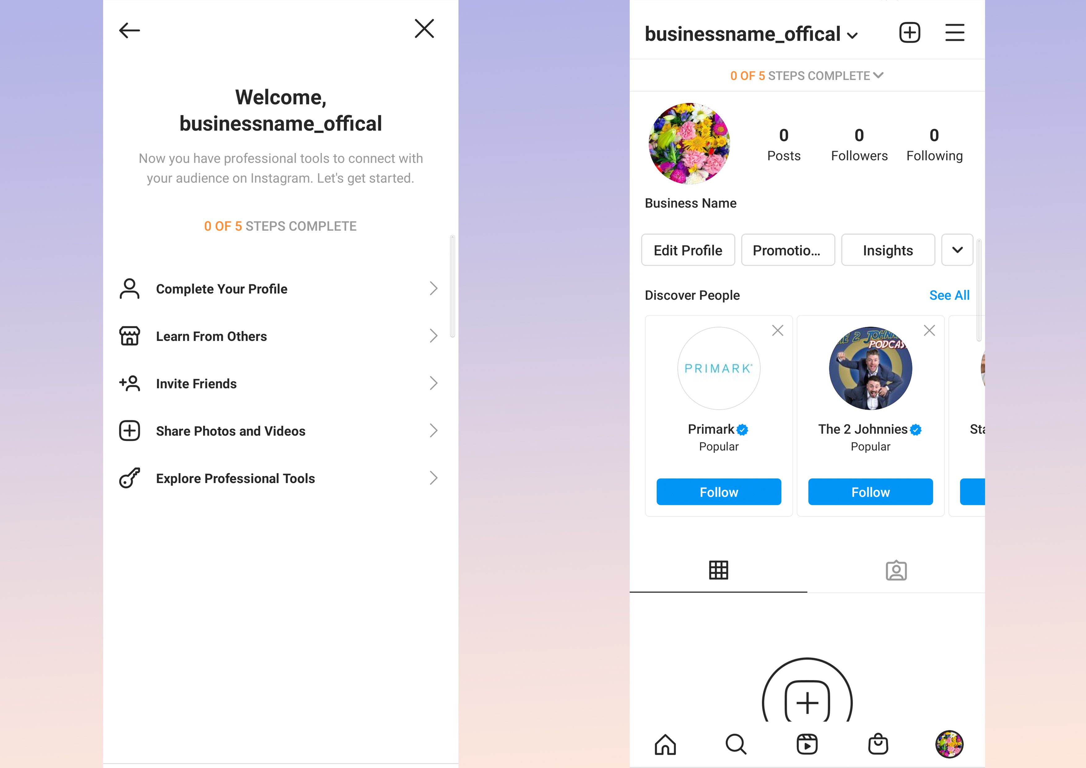 Screenshots of the step by step guide to setting up your professional account - How to use Instagram for business: Account creation and best practices - Image