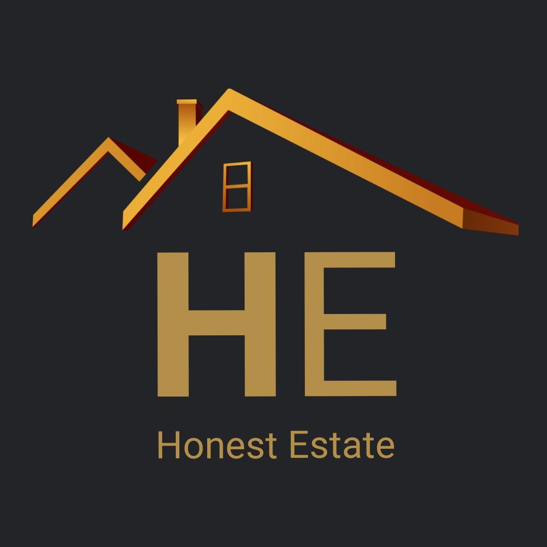 Logo-Designidee von Honest Estate mit dem Umriss eines Daches in Gold