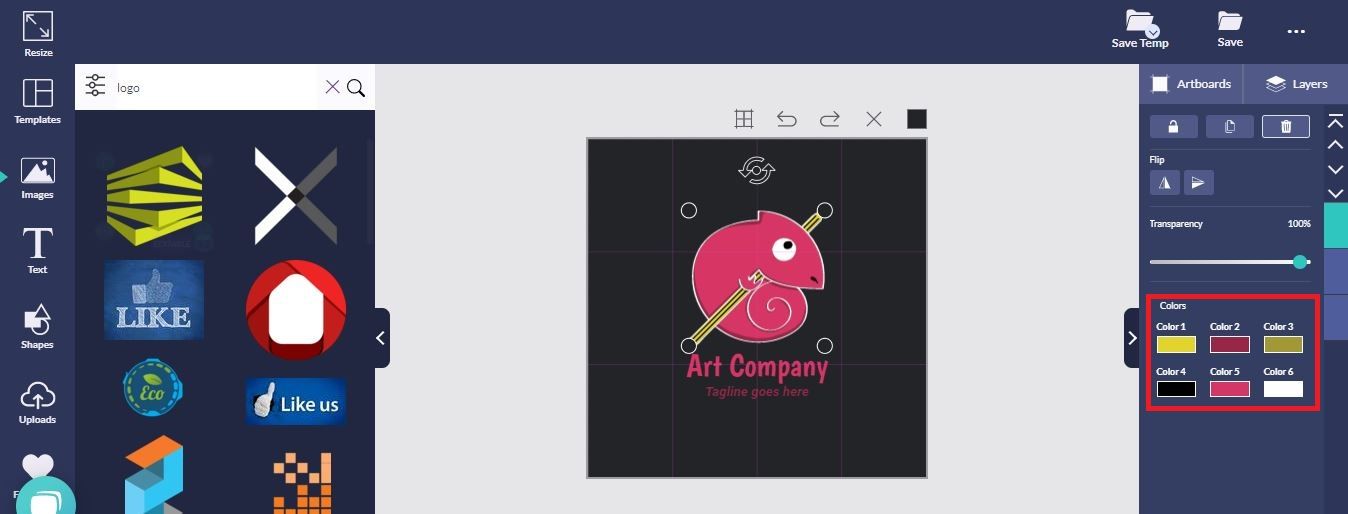 Captura de pantalla de un logotipo editado en Design Wizard