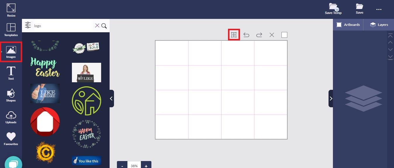 Screenshot of image and grid options highlighted in red in Design Wizard - A detailed step-by-step guide to creating a logo using the Design Wizard - Image