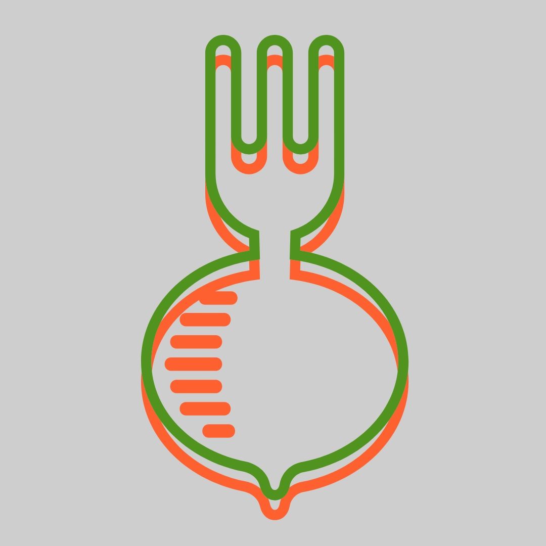 Logotipo de la empresa de alimentos con un icono de tenedor en verde y naranja