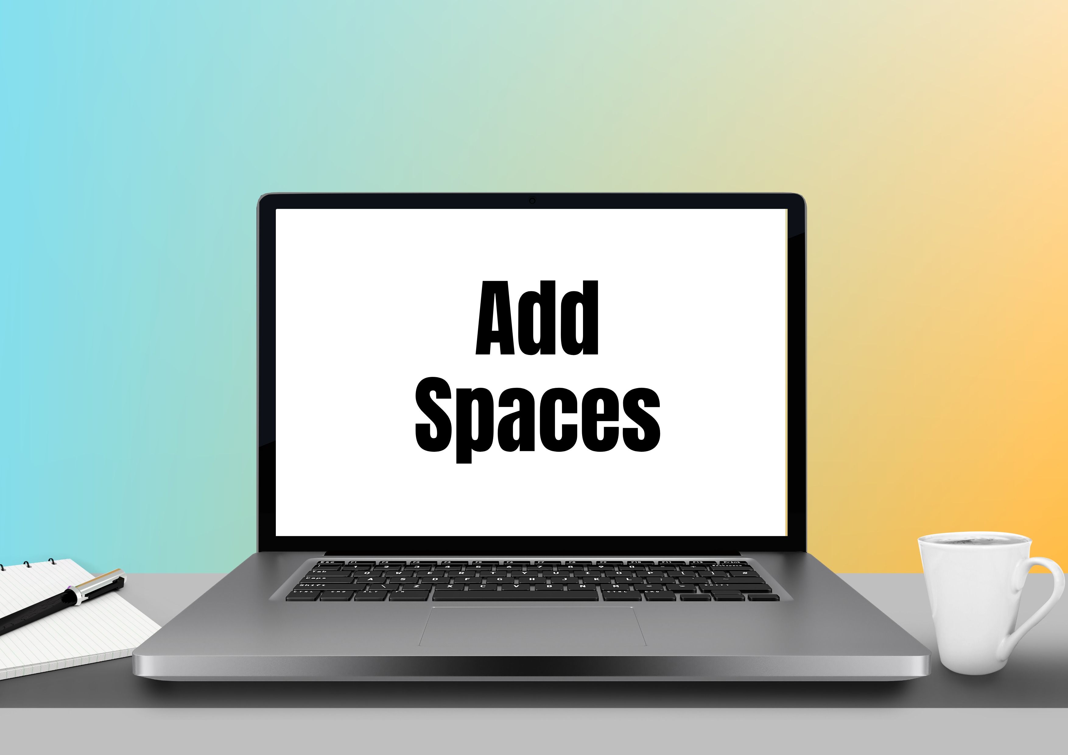 Abre la laptop en un escritorio con un fondo azul y amarillo - Agrega espacios a tu publicación de Instagram - Imagen