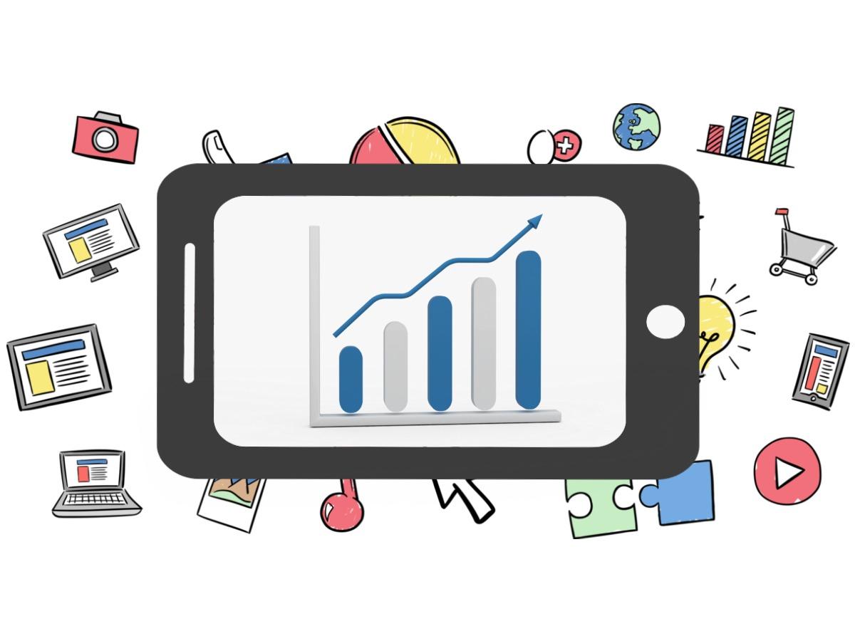 Telefone com gráfico de barras com gráficos comerciais em segundo plano